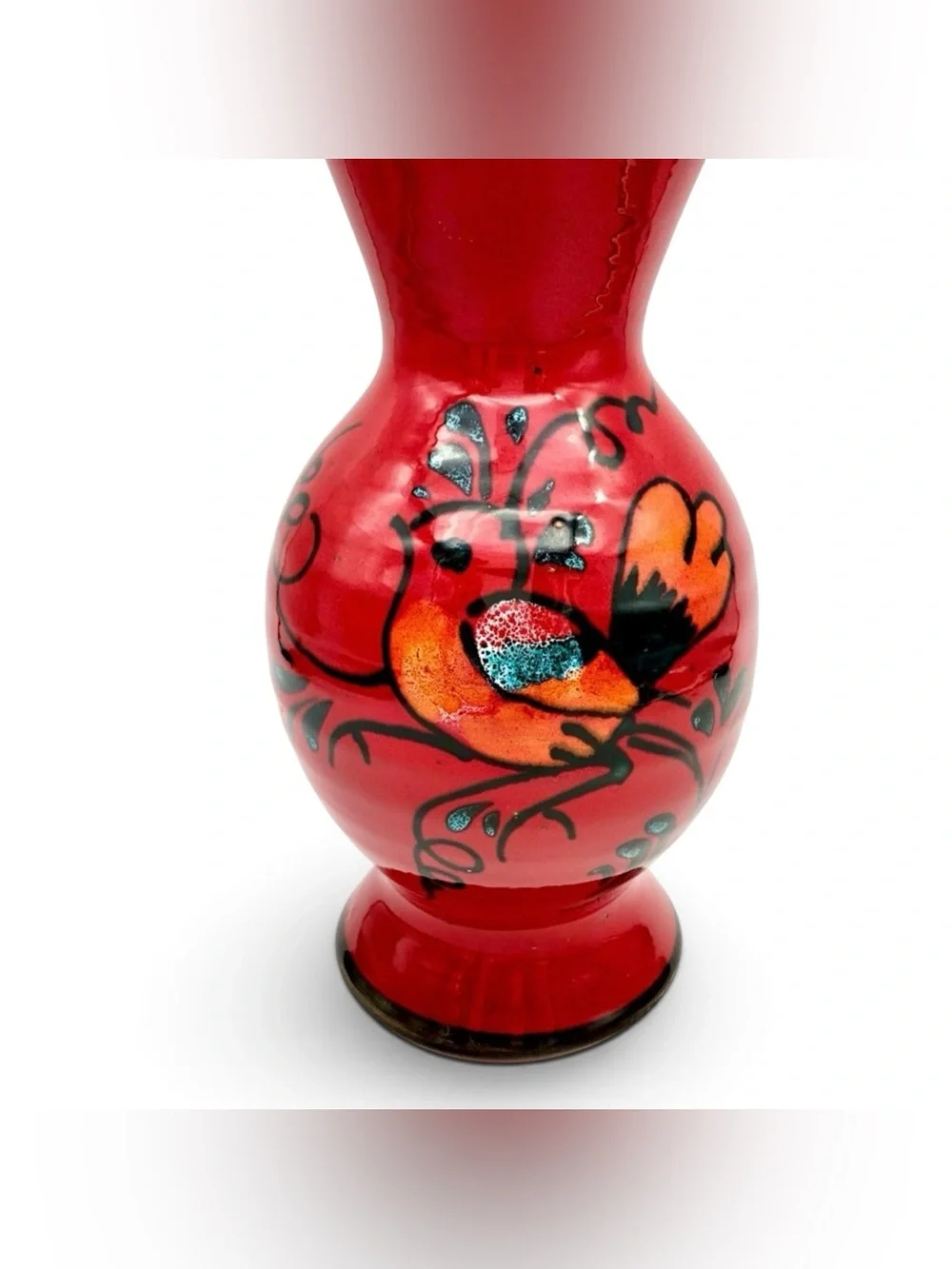 Art Pottery Italian Bellini Raymor Design Red Teal Bird Reflective Glaze MCM 60s
